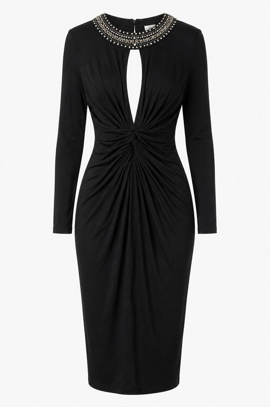 Venus Black Beaded Rhinestone Ruched Bodycon Midi Dress Y2K Glam Size Small